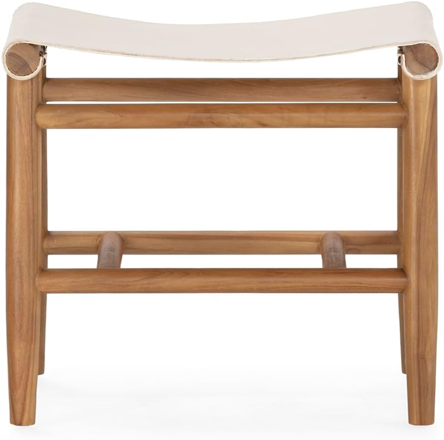 Taburete 50 x 35 x 45 cm Madera De Teca Natural/Cuero Blanco