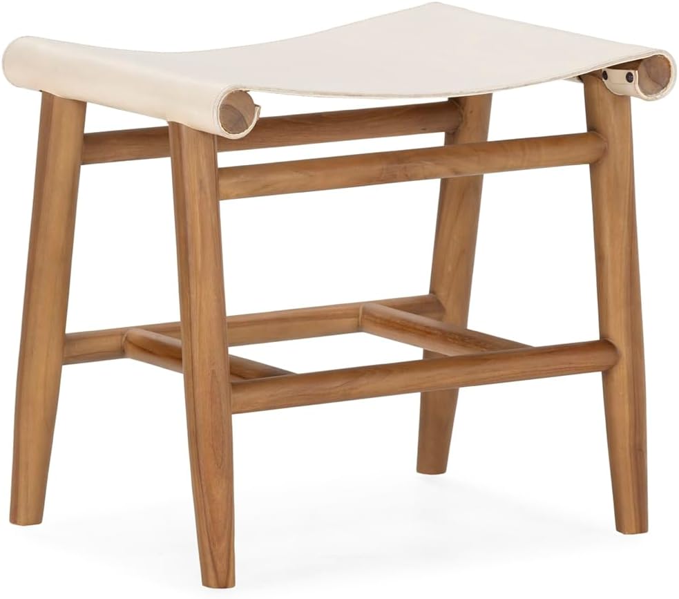 Taburete 50 x 35 x 45 cm Madera De Teca Natural/Cuero Blanco