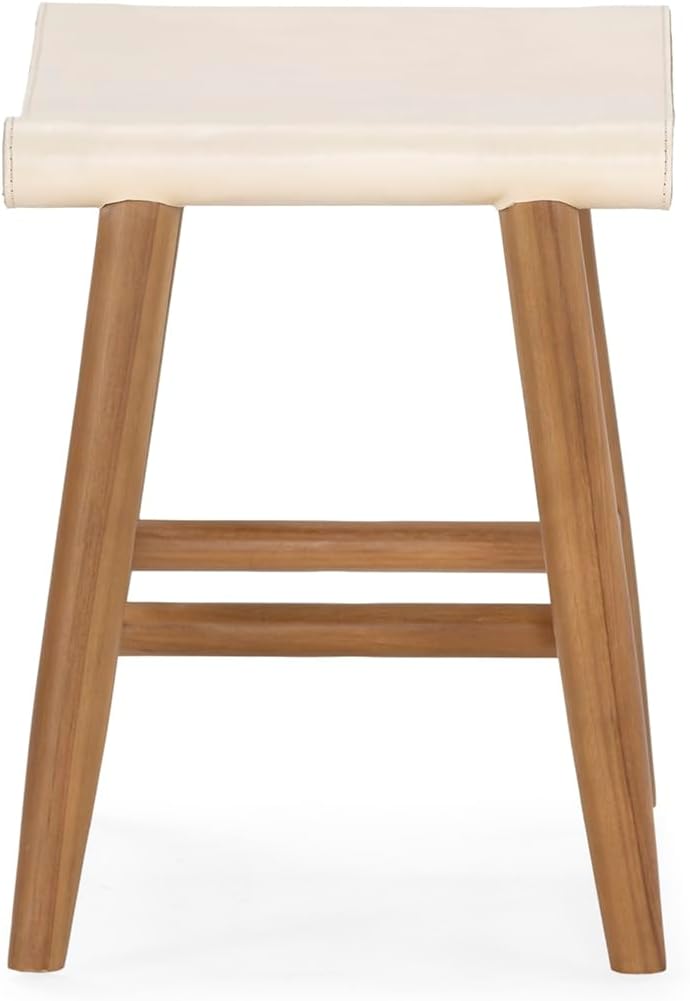 Taburete 50 x 35 x 45 cm Madera De Teca Natural/Cuero Blanco