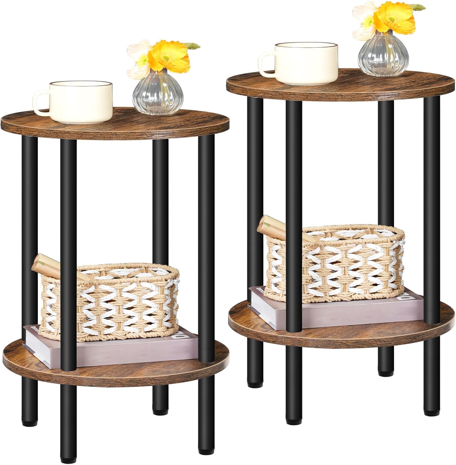 CHOEZON Round Side Table Set of 2 Brown & Black