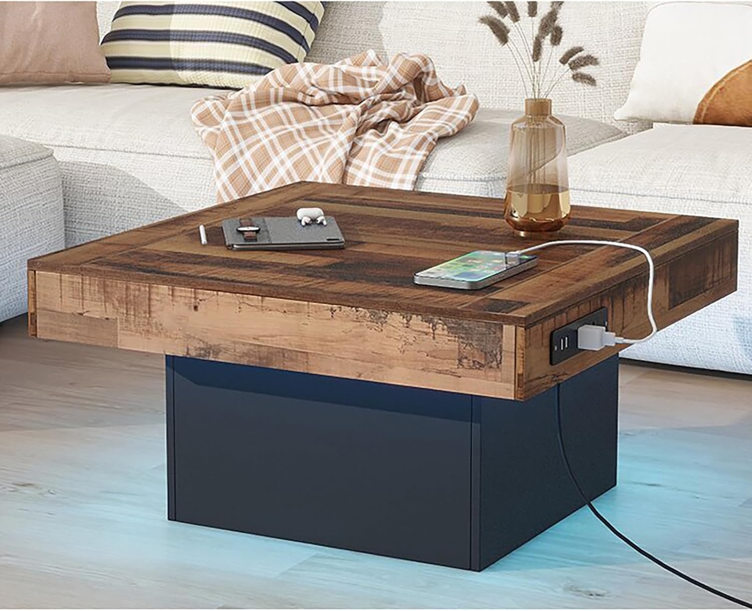 Modern Coffee Table with LED & USB Ports Black 80 cm