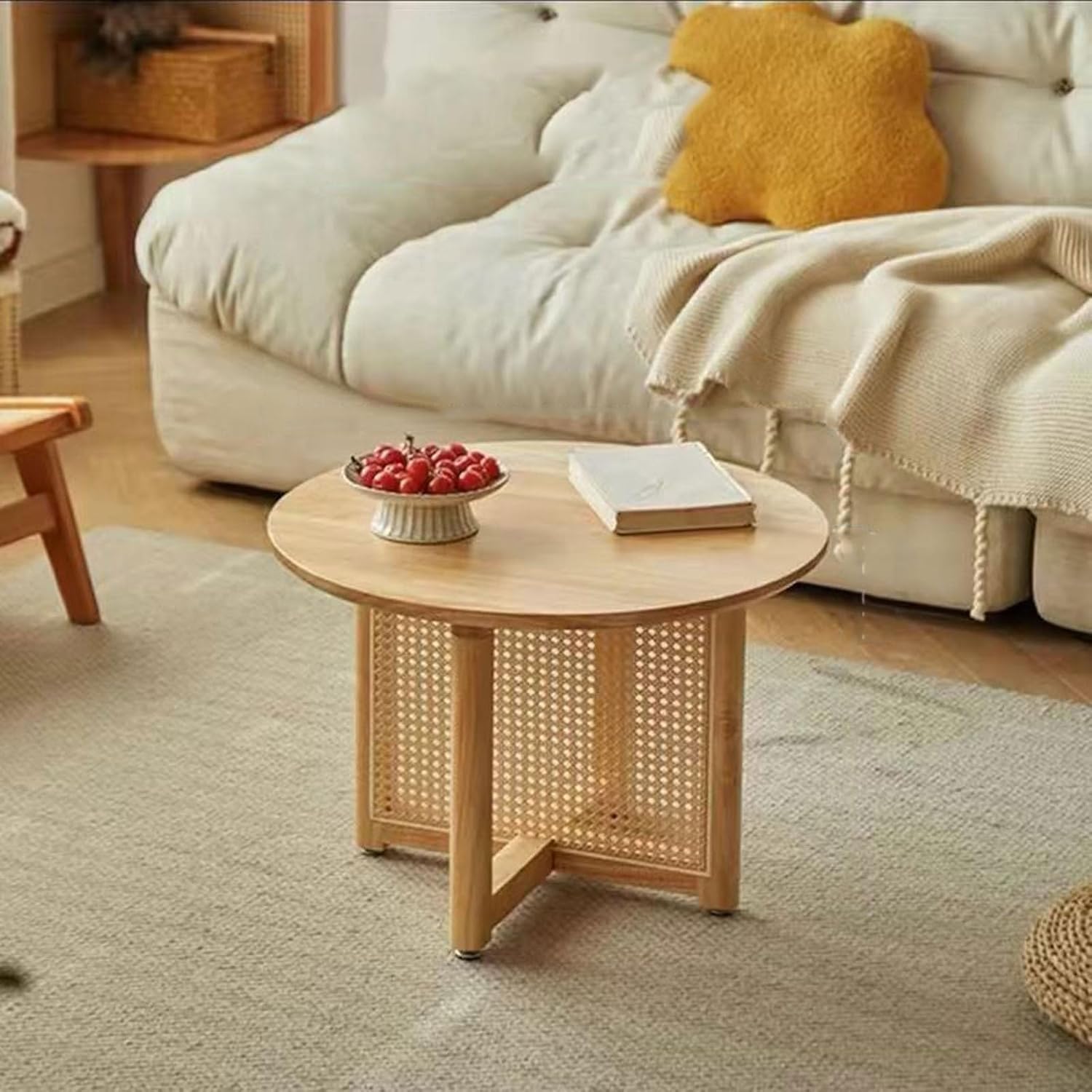 Solid Wood Coffee Table with Rattan Legs – Small