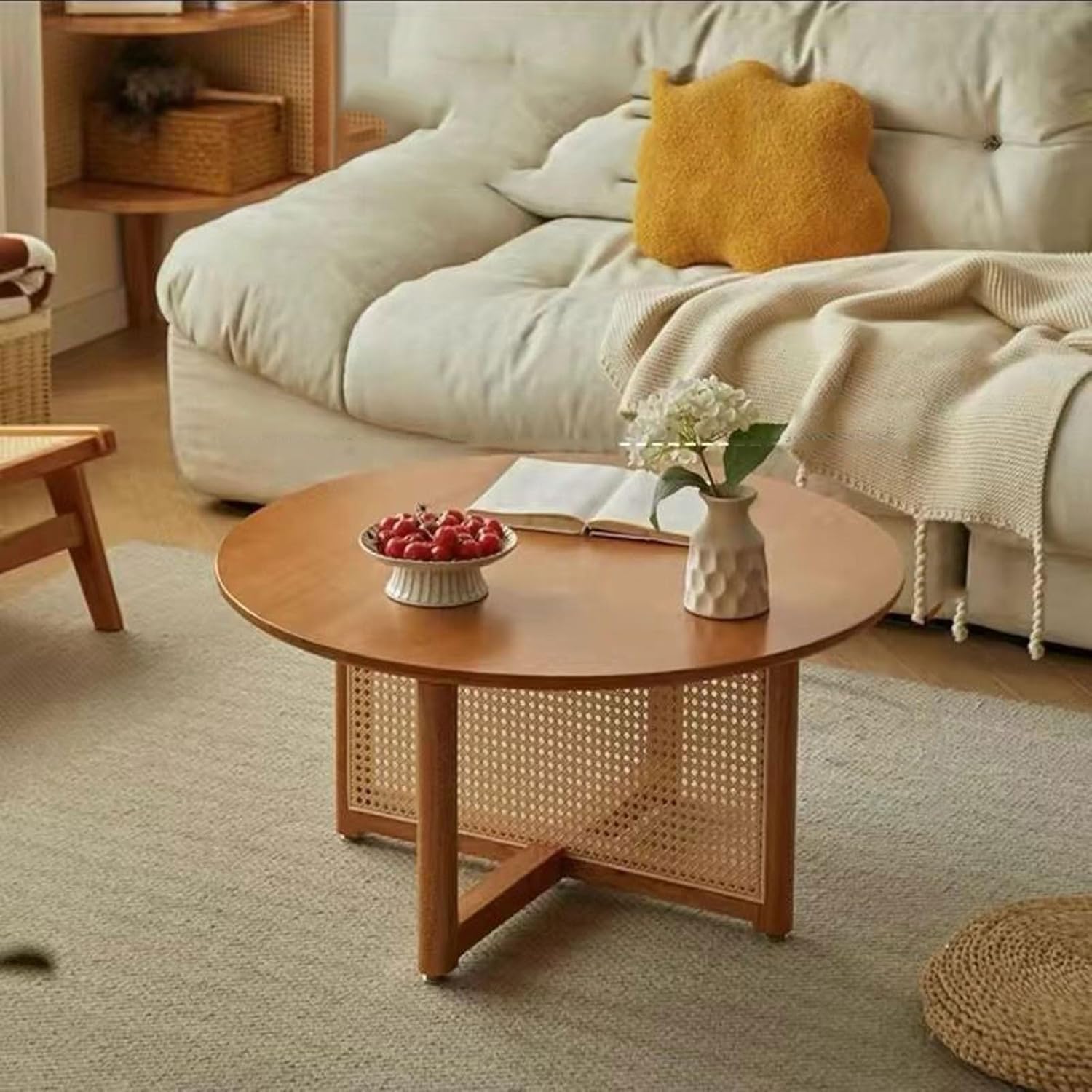 Large Cherry Wood Coffee Table with Rattan Legs