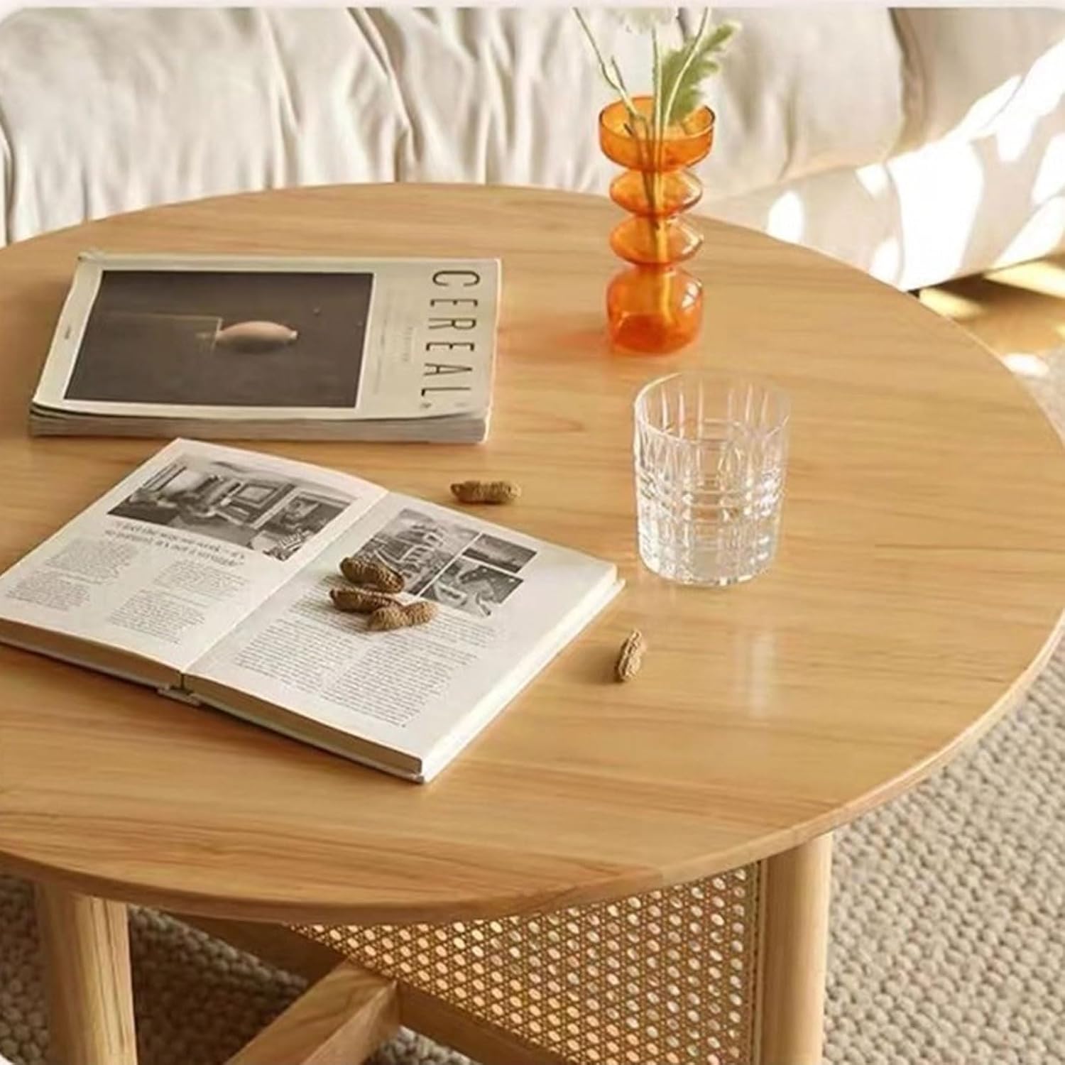 Solid Wood Coffee Table with Rattan Legs – Small