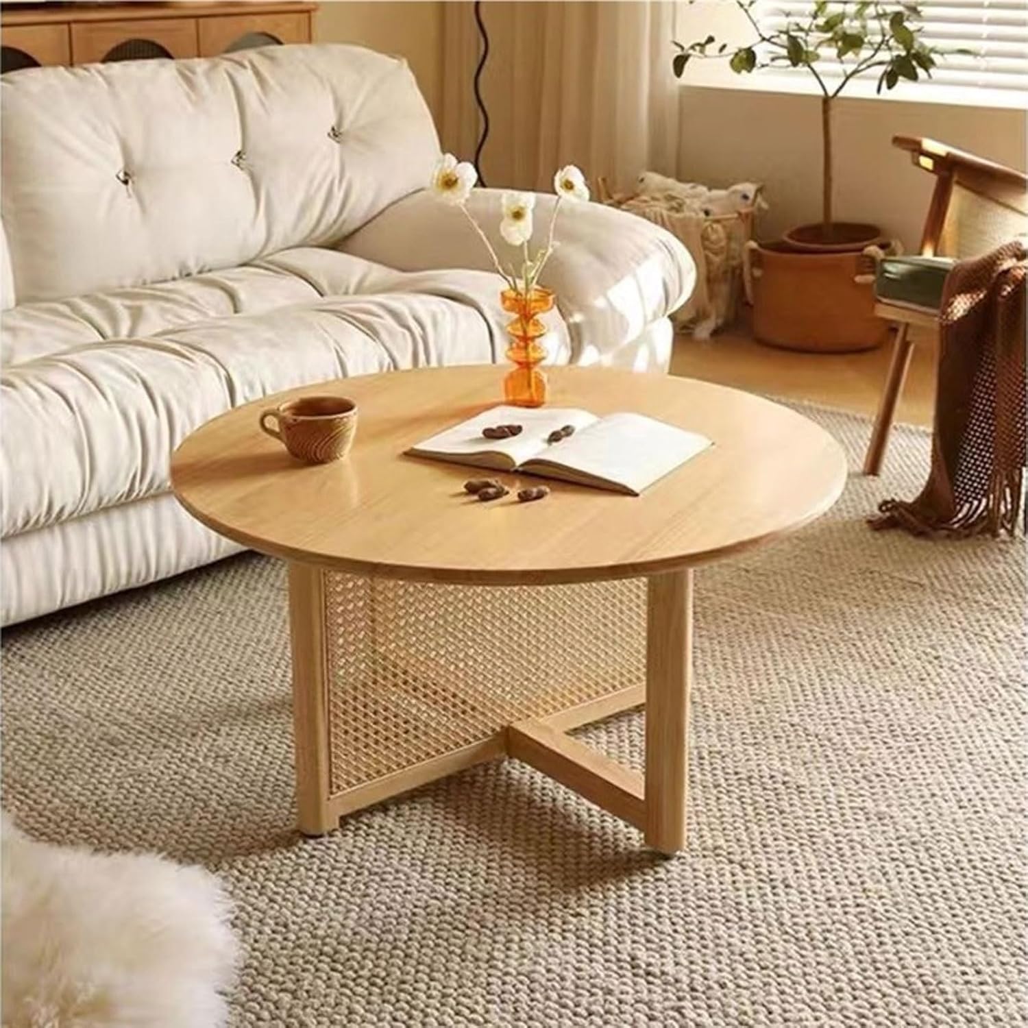 Solid Wood Coffee Table with Rattan Legs – Small