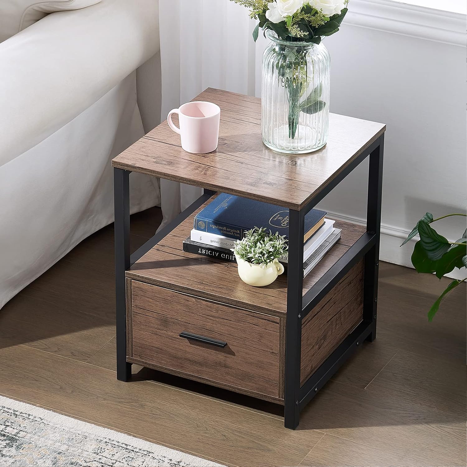 VECELO Brown Side Table 40×40×56 cm