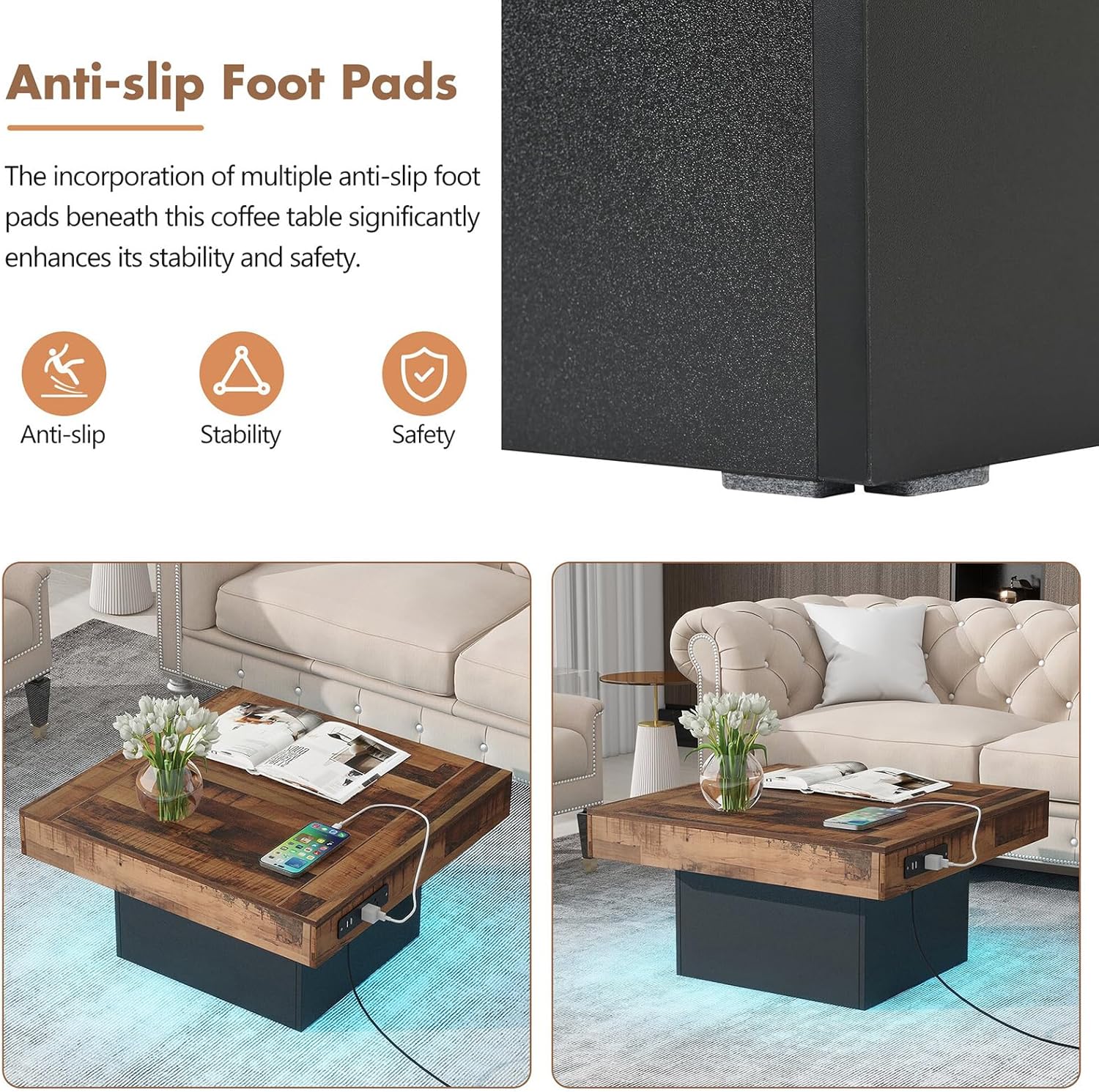 Modern Coffee Table with LED & USB Ports Black 80 cm