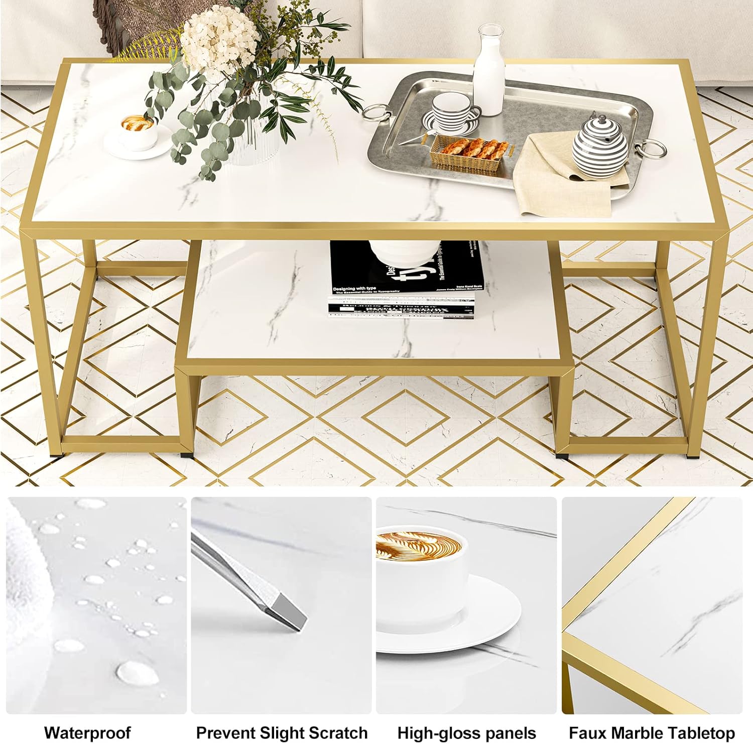 Modern Marble Coffee Table with Shelf