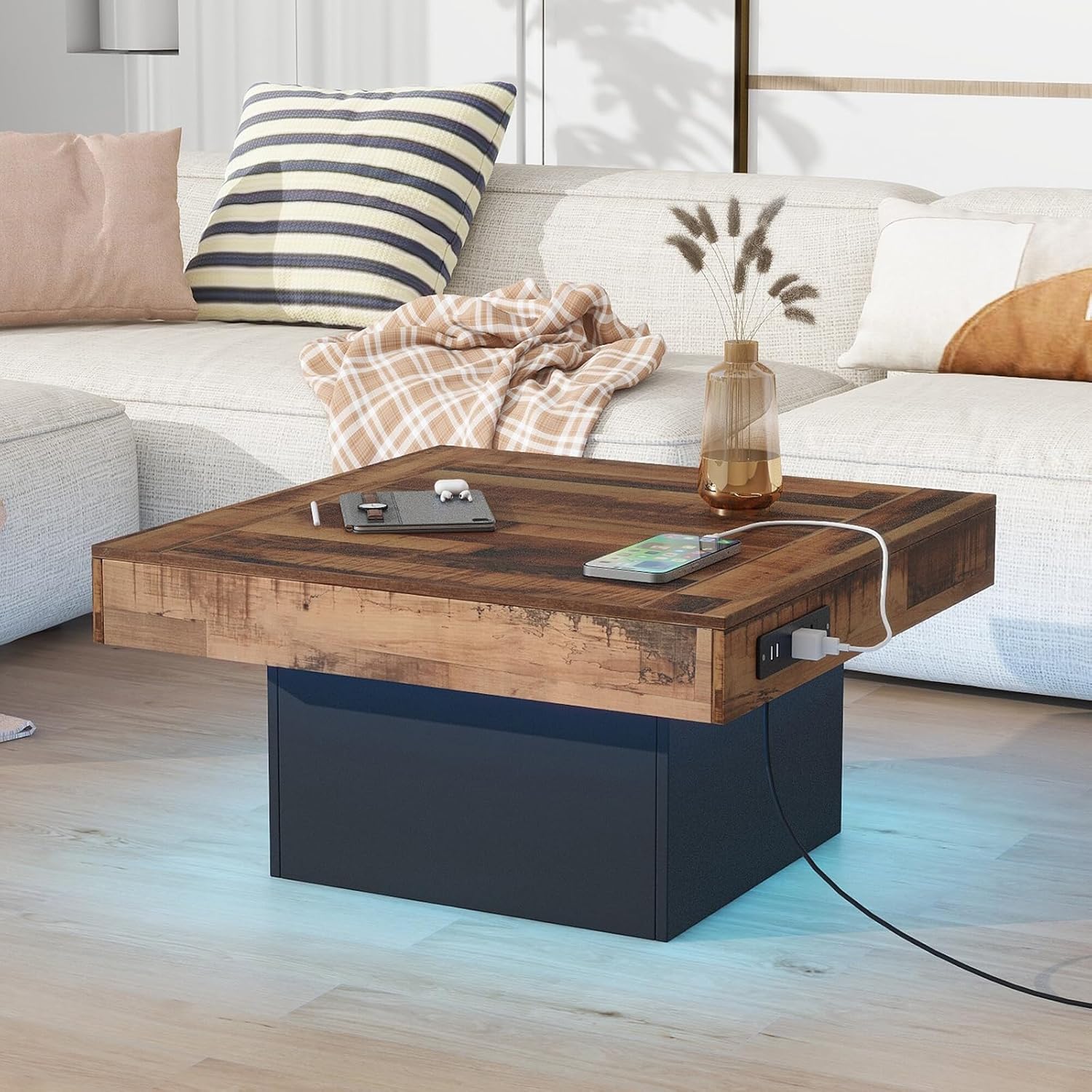 Modern Coffee Table with LED & USB Ports Black 80 cm