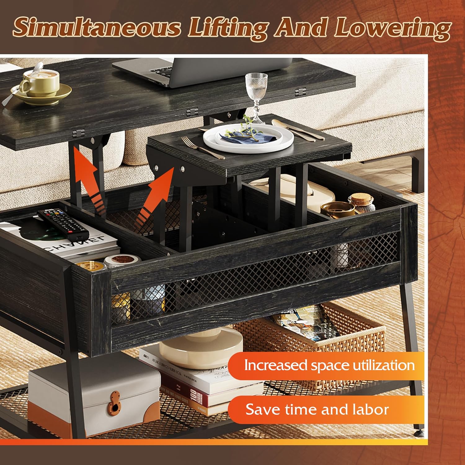 WLIVE Lift Top Multi-Function Coffee Table – Black