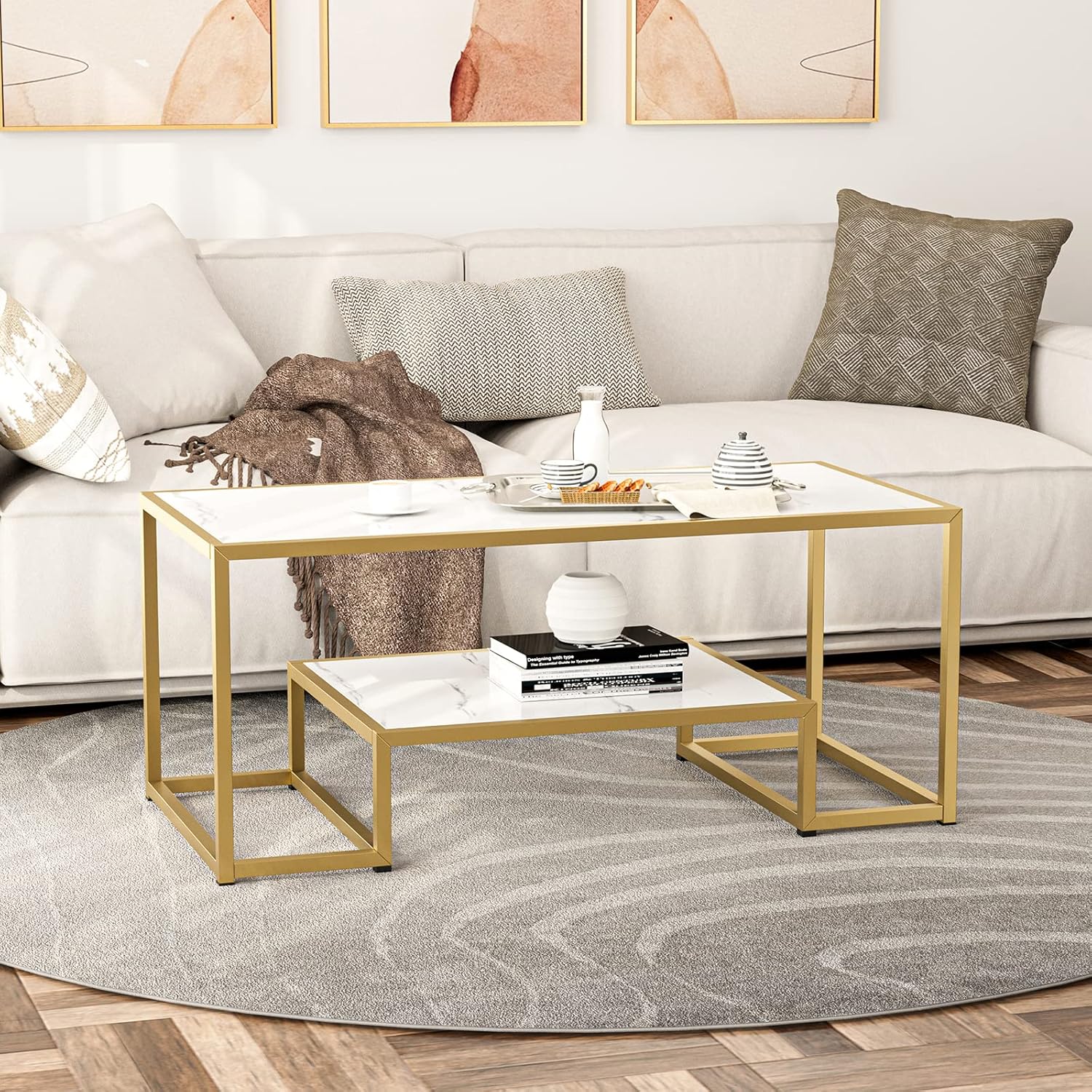 Modern Marble Coffee Table with Shelf