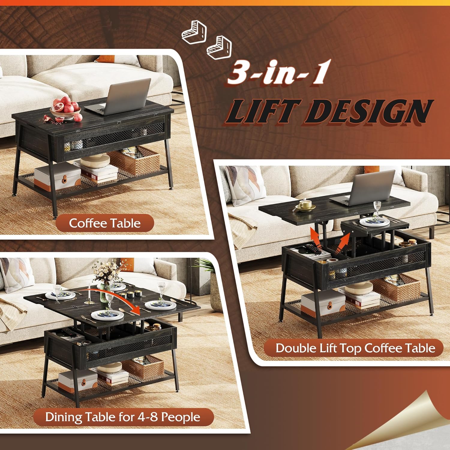 WLIVE Lift Top Multi-Function Coffee Table – Black
