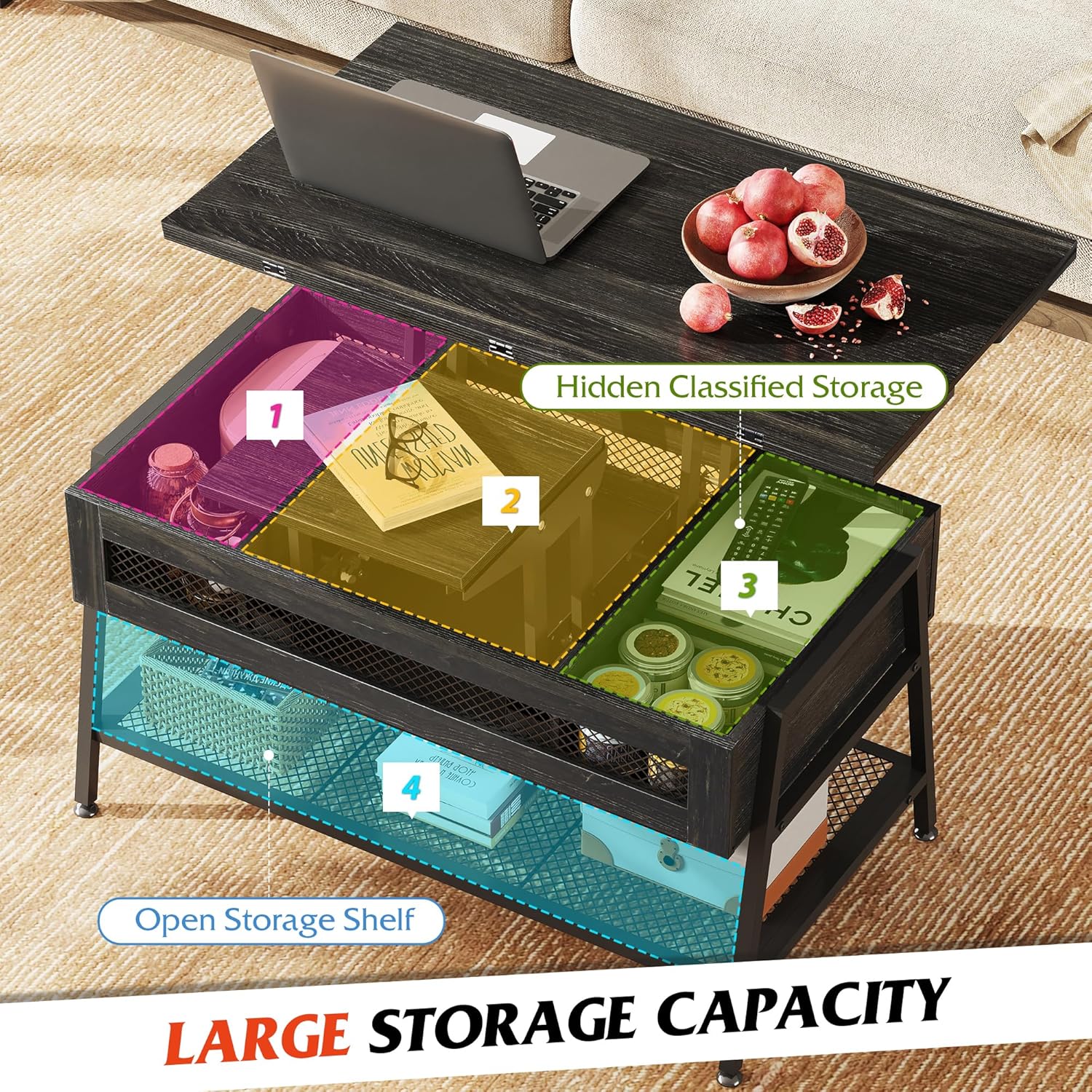 WLIVE Lift Top Multi-Function Coffee Table – Black